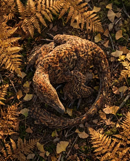 Feathered Dinosaur Resting in Golden Ferns