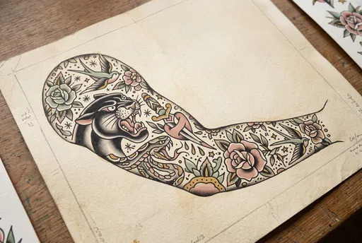 Traditional American Sleeve Tattoo Flash Illustration