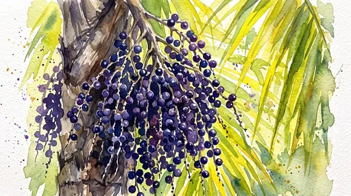 Watercolor Acai Berries on Palm Trunk