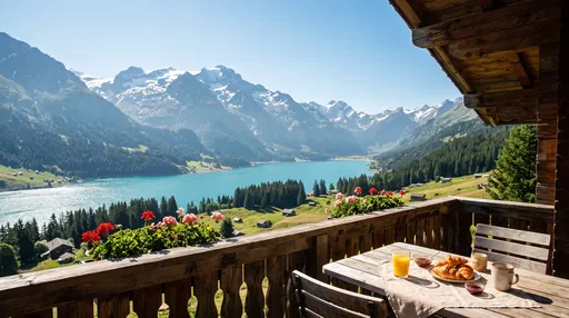 Alpine Chalet Balcony Breakfast Overlooking Mountain Lake