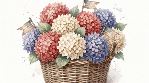 Watercolor Basket of Patriotic Hydrangeas