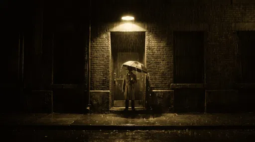 Man with Umbrella in Rainy Doorway