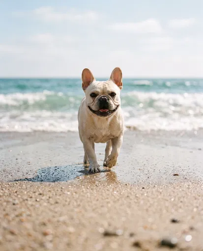Cream French Bulldog Walking on Beach