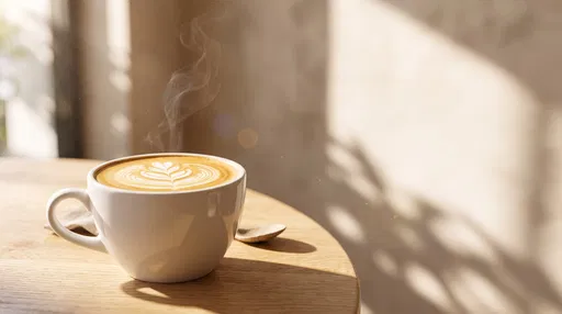 Steaming Latte on Sunlit Cafe Table