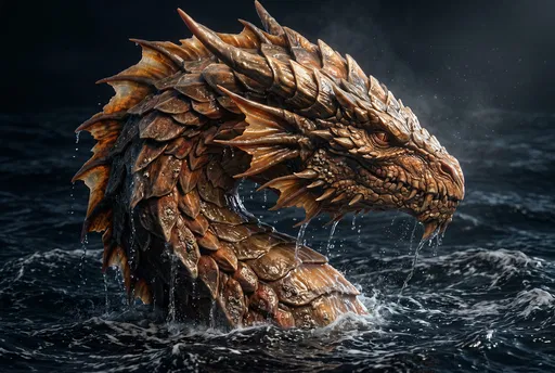 Bronze Sea Dragon Emerging from Dark Water