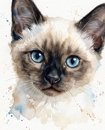 Watercolor Seal Point Siamese Kitten Portrait