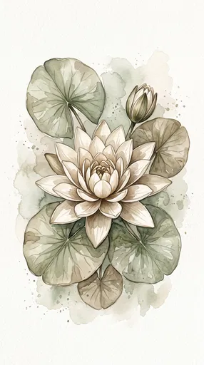 Watercolor Cream Water Lily and Pads