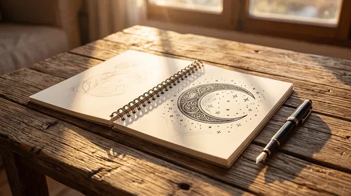 Ornate Moon Drawing in Open Sketchbook