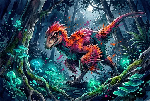 Watercolor Feathered Velociraptor in Bioluminescent Forest