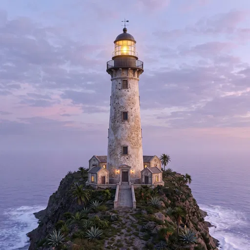 Glowing Coral Stone Lighthouse at Dusk