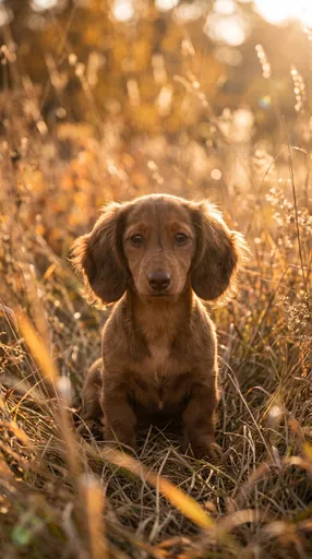Dachshund Puppy in Golden Autumn Grass