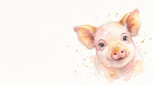 Watercolor Piglet Portrait with Copy Space