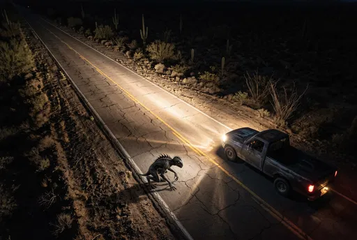 Chupacabra Illuminated by Truck Headlights at Night