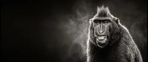 Monochrome Studio Portrait of Grinning Macaque