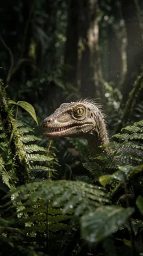 Small Dinosaur Peering Through Jungle Ferns