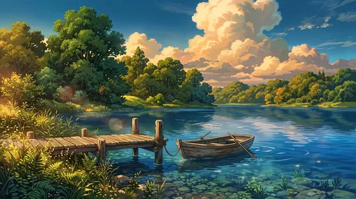 Painted Lakeside Dock and Rowboat