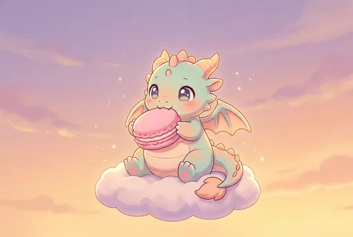 Cute Baby Dragon Eating Pink Macaron