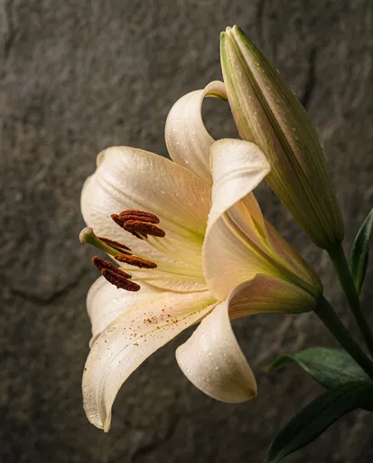 Cream Lily Bloom and Bud Macro