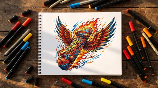 Flaming Winged Skateboard Drawing on Sketchpad