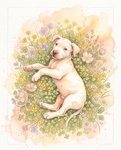 Watercolor White Puppy in Wildflowers