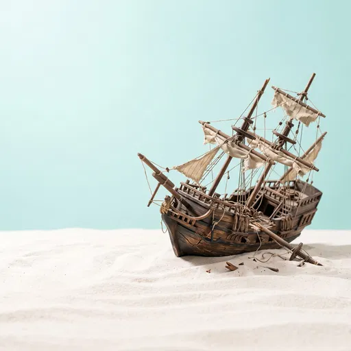 Miniature Wooden Shipwreck Model on White Sand