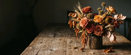 Autumn Rose Bouquet on Rustic Table