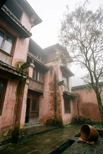 Weathered Pink Courtyard House in Fog