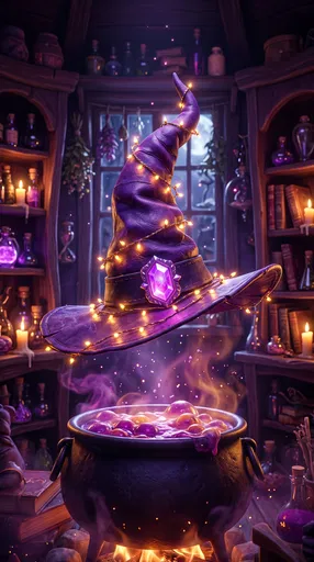 Enchanted Purple Witch Hat Over Bubbling Cauldron