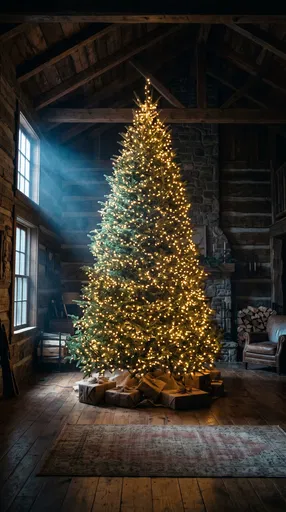 Lit Christmas Tree in Rustic Cabin