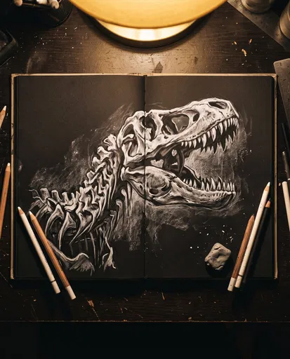 Chalk T-Rex Skull Drawing in Sketchbook