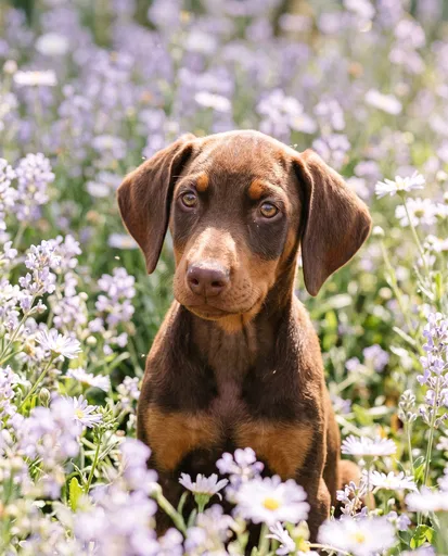 Red Doberman Puppy in Wildflowers
