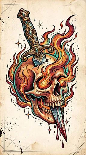 Neo-Traditional Flaming Skull Dagger Tattoo Illustration