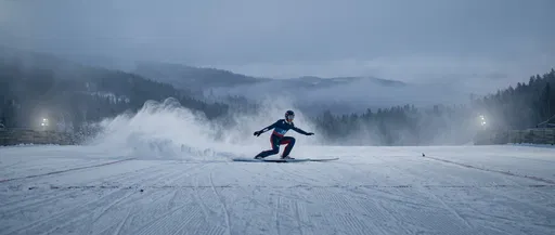 Ski Jumper Landing at Blue Hour