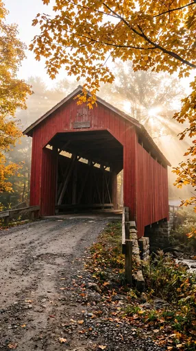 Red Covered Bridge in Autumn Fog