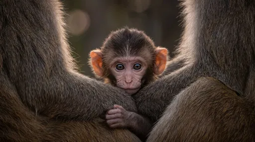 Infant Rhesus Monkey Peeking Through Fur