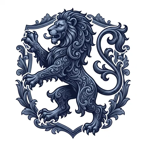 Blue Heraldic Rampant Lion Emblem