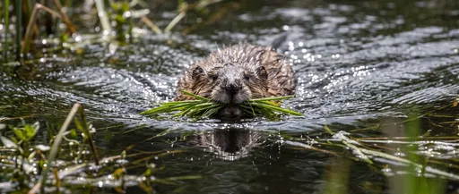 Muskrat Swimming With Grass in Pond