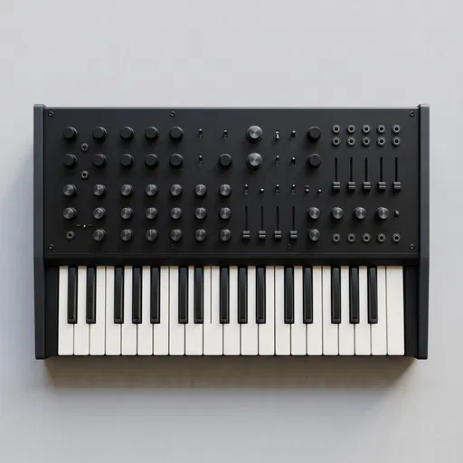 Minimalist Matte Black Analog Synthesizer Flatlay