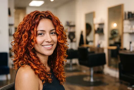 Smiling Woman With Copper Curls in Salon