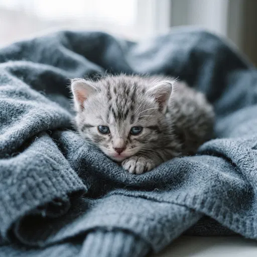 Silver Tabby Kitten on Blue Blanket