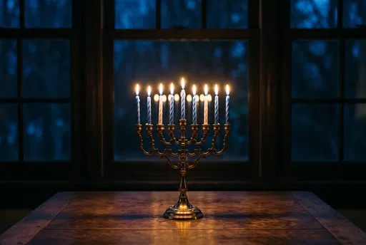 Lit Brass Hanukkiah on Wooden Table
