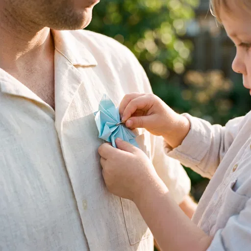 Child Pinning Paper Flower on Father