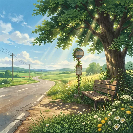 Anime Countryside Bus Stop Under Tree