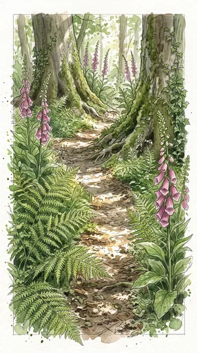 Watercolor Forest Trail with Foxgloves and Ferns