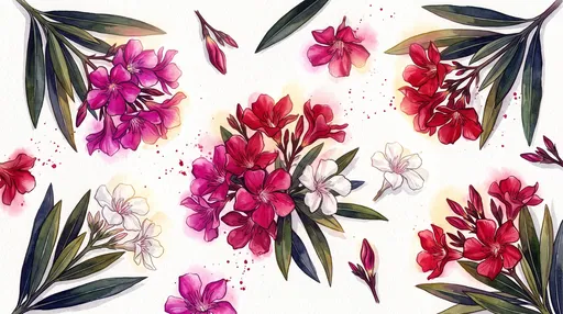 Watercolor Nerium Oleander Blossoms Flat Lay