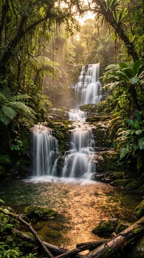 Cascading Tropical Waterfall at Golden Hour