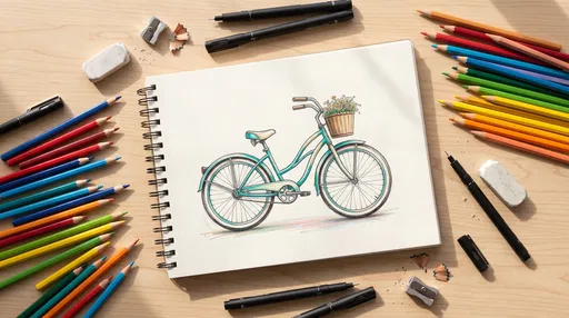 Colored Pencil Bicycle Sketch on Wooden Desk