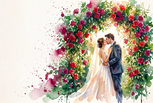 Watercolor Bride and Groom Under Rose Arch