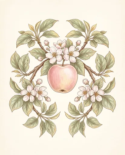 Vintage Symmetrical Apple Bough Botanical Illustration