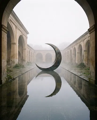 Bronze Crescent Sculpture in Misty Courtyard